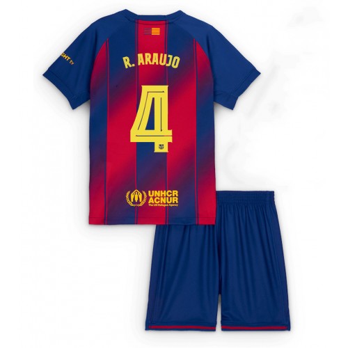 Stroje piłkarskie Barcelona Ronald Araujo #4 Koszulka Podstawowej dla dzieci 2025-26 Krótki Rękaw (+ szorty)
